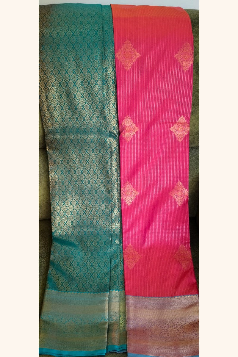 Teal Pink Saree with Golden Zari Butta & Wide Border - Body and Pallu Display
