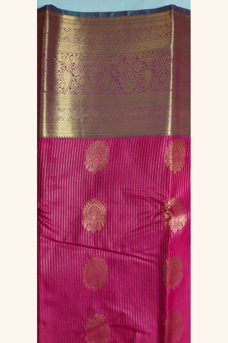 Teal Pink Saree with Golden Zari Butta & Wide Border - Body with Border Detail