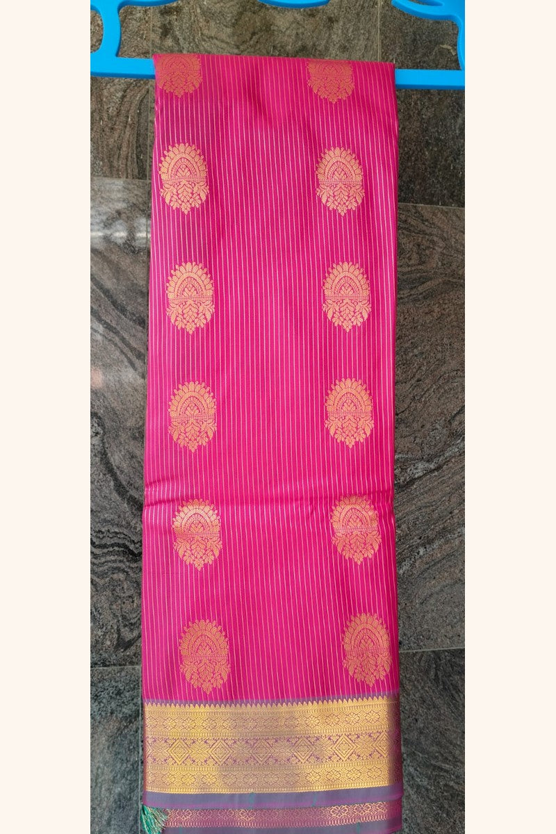 Teal Pink Saree with Golden Zari Butta & Wide Border - Saree on Hanger Display