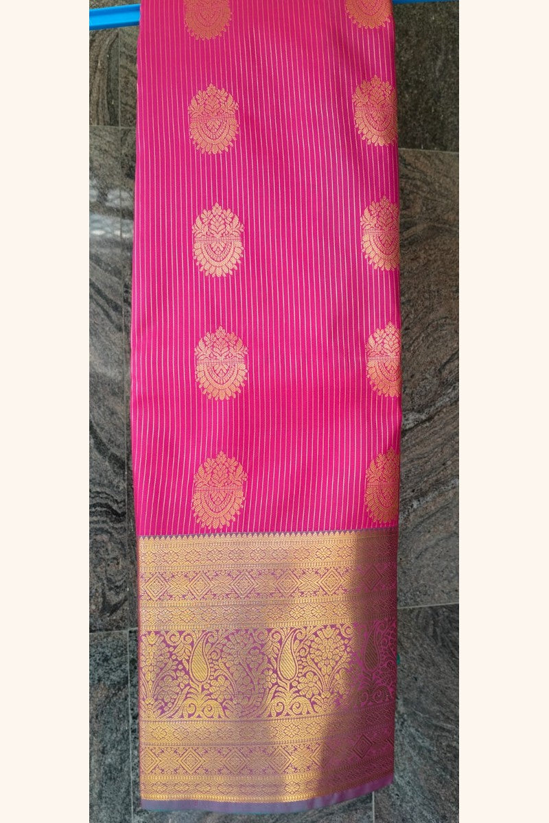 Teal Pink Saree with Golden Zari Butta & Wide Border - Saree on Hanger View