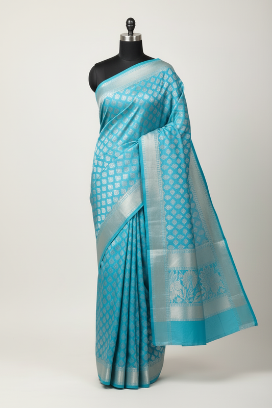 Turquoise blue brocade saree on mannequin - correct pallu design