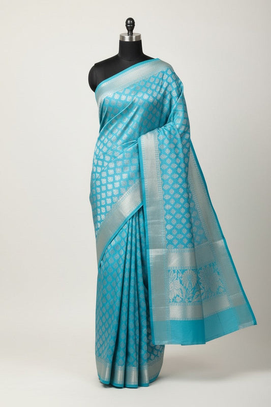 Mannequin display of sky blue brocade semi-silk saree with pallu design