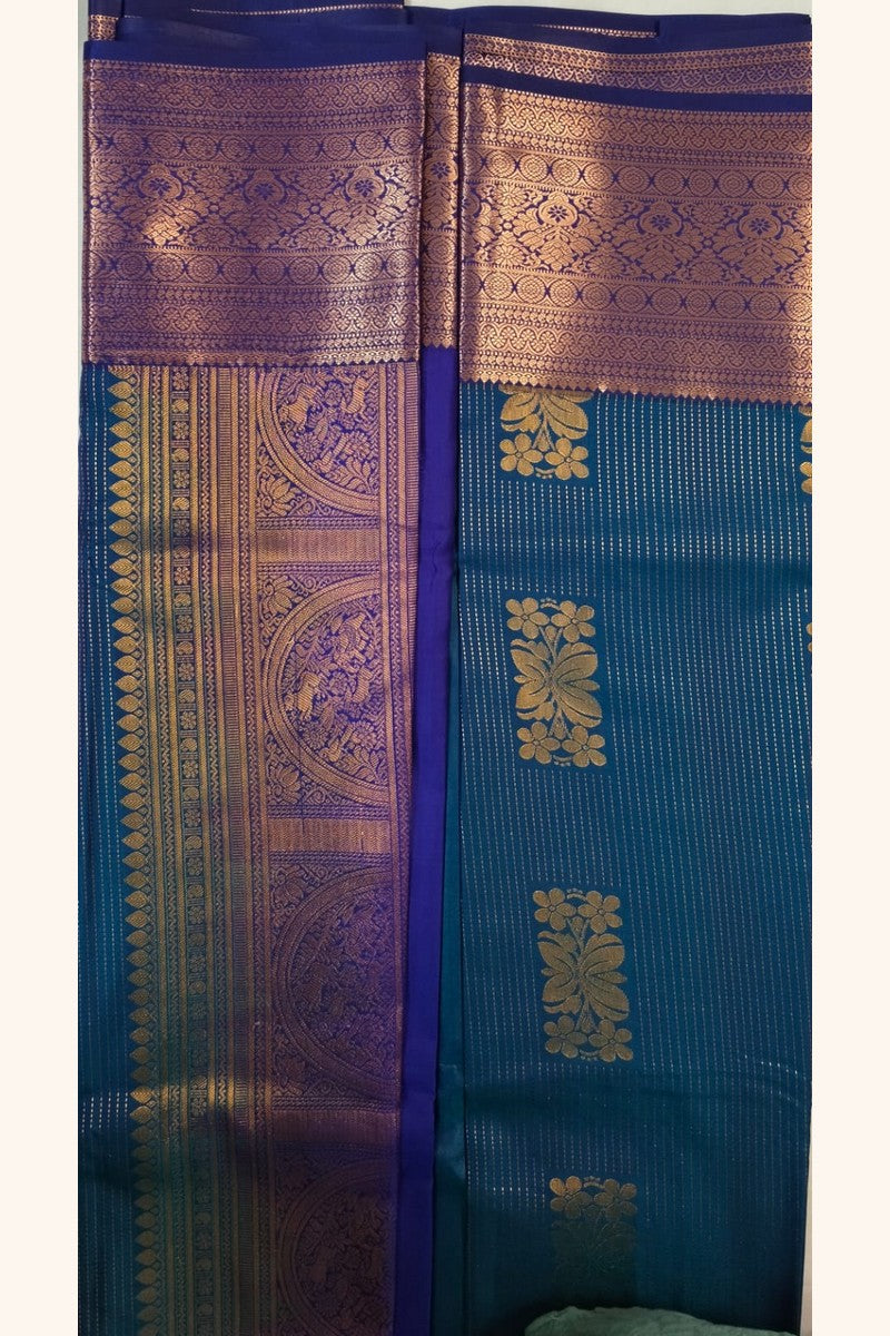 Turquoise Blue Saree with Golden Floral Butta & Purple Pink Zari Pallu - Body Close-up