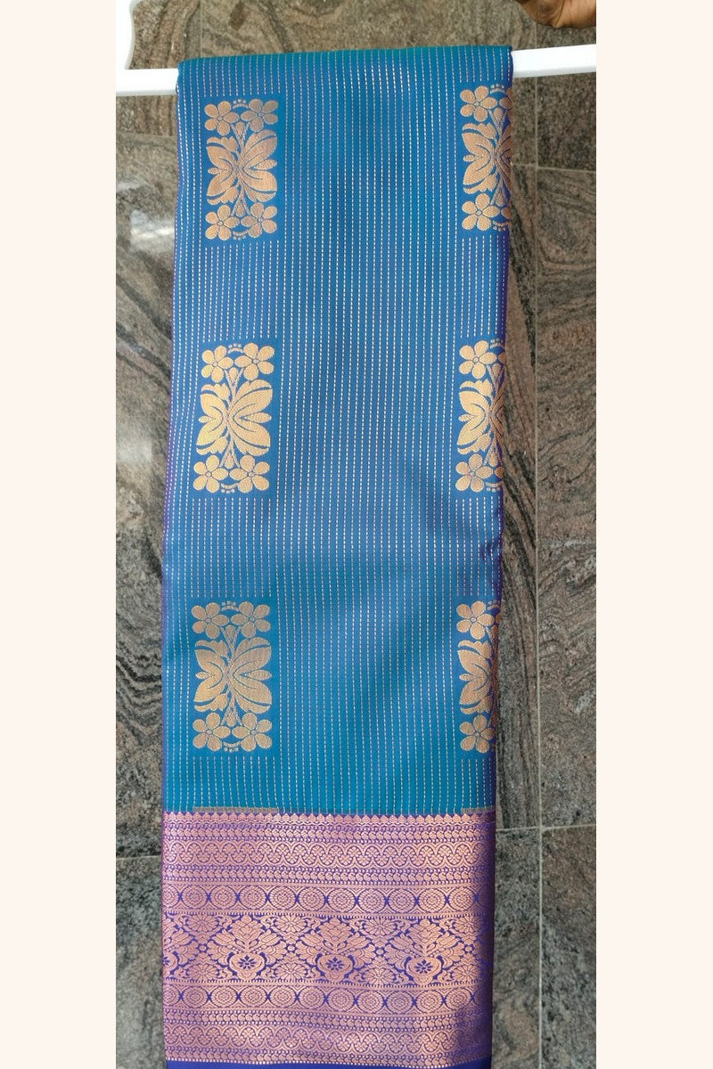 Turquoise Blue Saree with Golden Floral Butta & Purple Pink Zari Pallu - Saree on Hanger Display