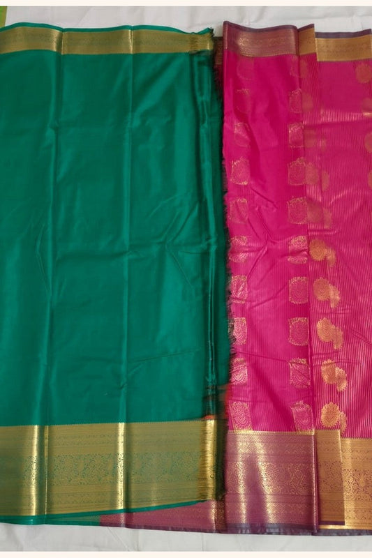 Close-up of vibrant pink semi-silk saree blouse and body with multicolor zari detail