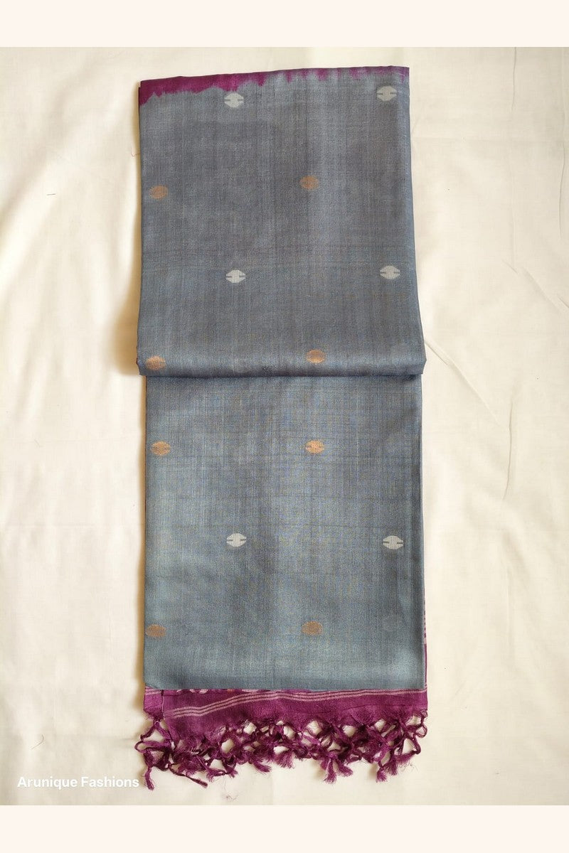 Pure Tussar Silk Saree in steel blue with magenta ikat border and pallu with magenta tassels
