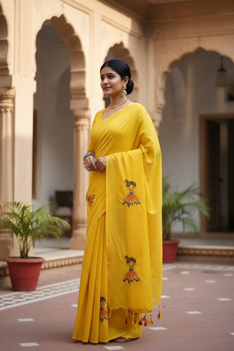 Model wearing yellow baby doll khadi saree in full drape