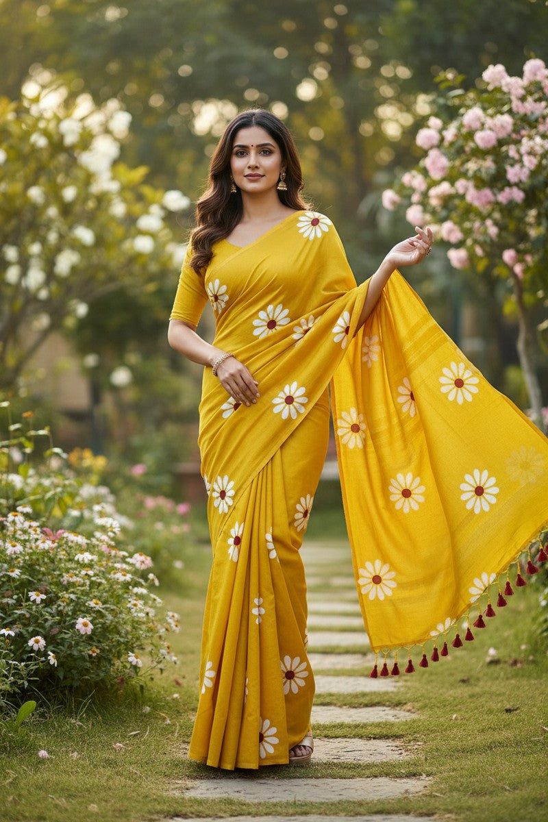 Yellow sunflower print khadi cotton saree with traditional block print