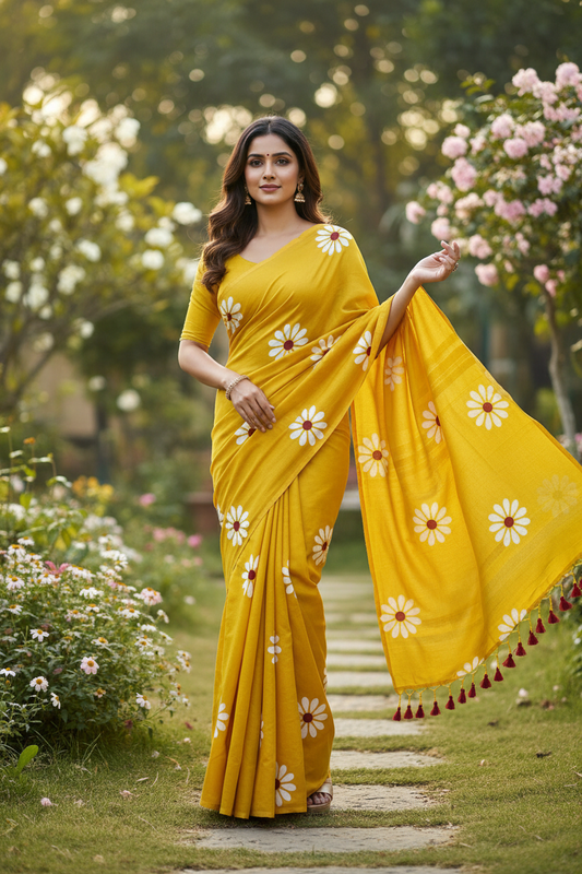 Yellow sunflower print khadi cotton  saree with traditional block print | Arunique Fashions