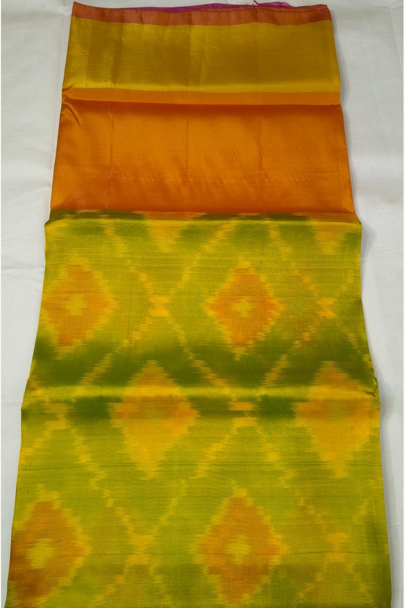 Yellow Orange Green Ikat Semi-Silk Saree - Full Drape View