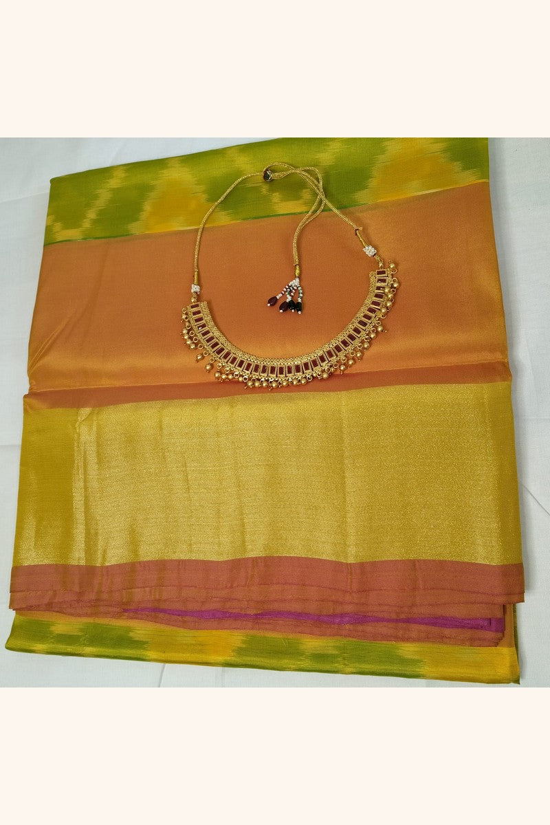 Yellow Orange Green Ikat Semi-Silk Saree - Pallu Detail