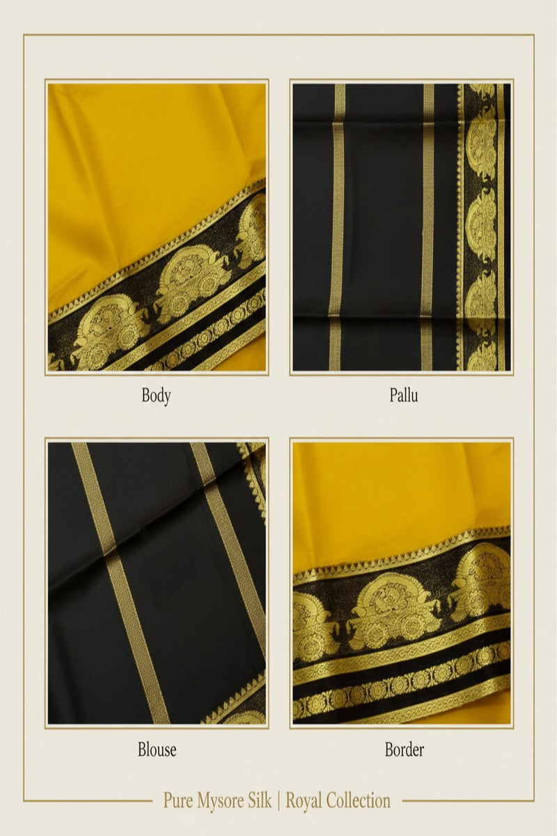 Pure Mysore Silk Saree Silk Mark Certified - Royal Collection Detail Card Yellow Body Dark Chocolate Brown Border Pallu Blouse