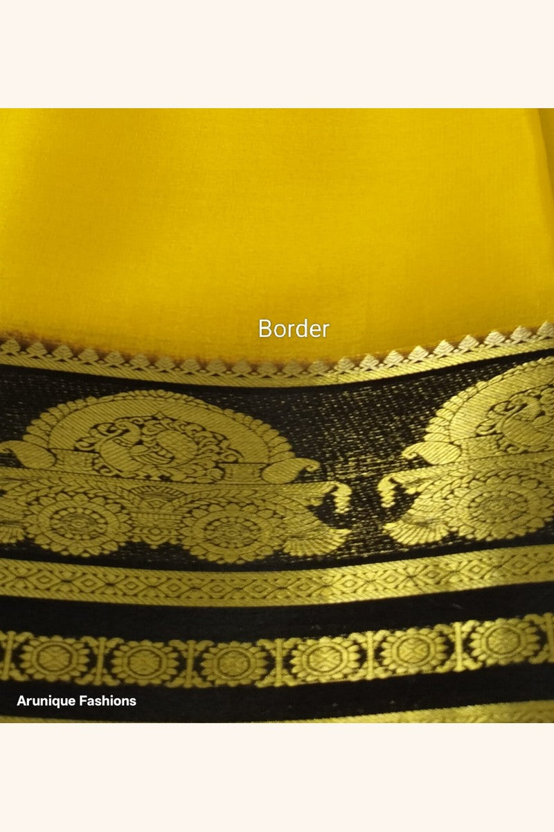 Pure Mysore Silk Saree Silk Mark Certified - Close-up of Dark Chocolate Brown Maharaja Throne Simhasana Motif Border with Golden Zari