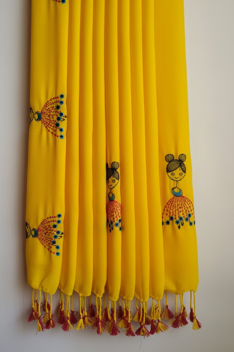 Pleats detail with yellow and pink tassels on yellow baby doll khadi saree